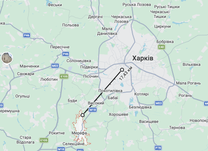 Расстояние от Мерефы до Харькова на карте