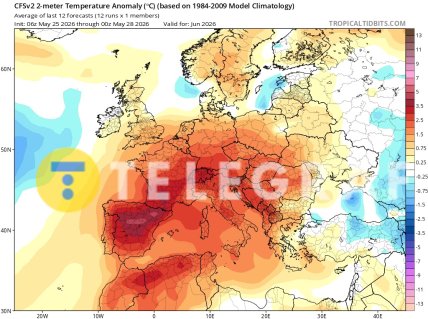 Прогноз средней температурной аномалии на территории Европы в июне 2026 г. по данным численной климатической модели Climate Forecast System (CFS)