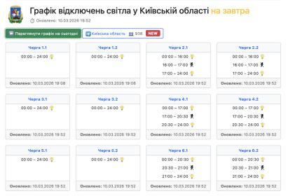 Графіки відключень у Київській області 11 березня