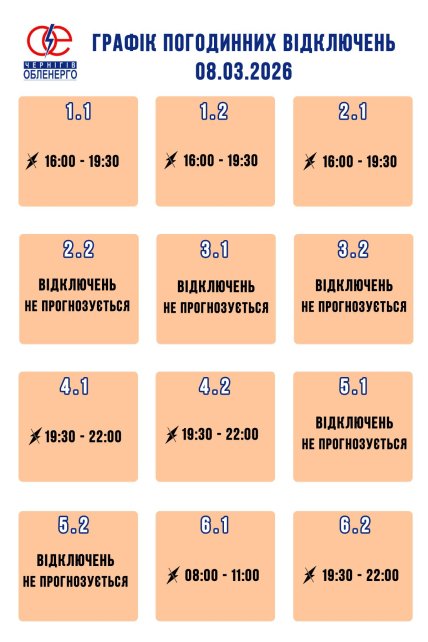 График отключения света в Чернигове и области 08.03.2026