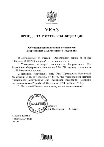 Указ Путіна про чисельність ЗС РФ
