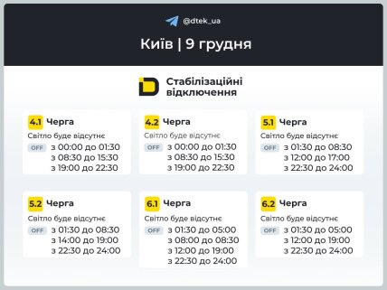 Графики отключений в Киеве 9 декабря