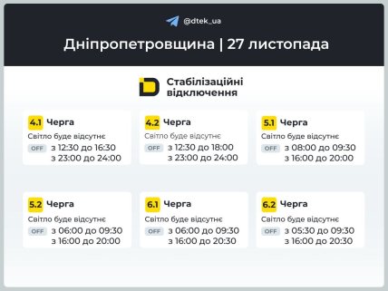 Графики отключения света в Днепропетровской области 27 ноября