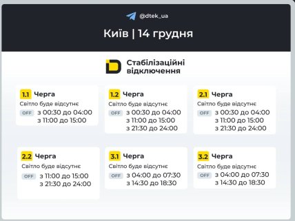 Графики отключений в Киеве 14 декабря