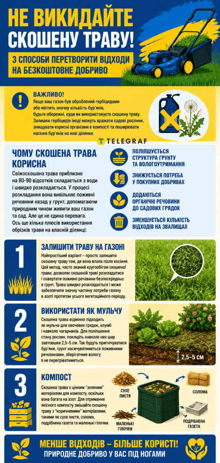 Що робити зі скошеною травою. Інфографіку підготовлено за допомогою ШІ