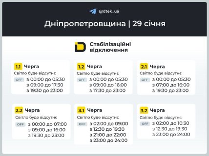 Графики отключений в Днепропетровской области 29 января