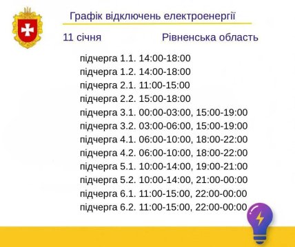 График отключения света в Ровенской области 11.01.2026