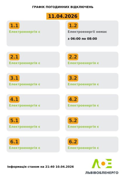 Графік відключення світла у Львівській області 11.04.2026