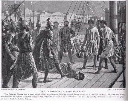 Арешт Фоки Іраклієм Старшим. За кілька хвилин він відрубає голову імператору. Ілюстрація: "Історія народів Гатчінсона", художник Альфред Чарльз Везерстоун, 1915 рік