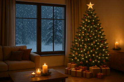 За окном падает снег