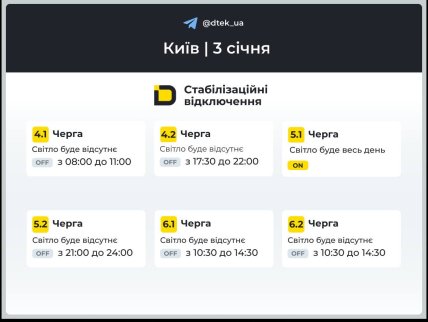 Графіки відключень у Києві 3 січня