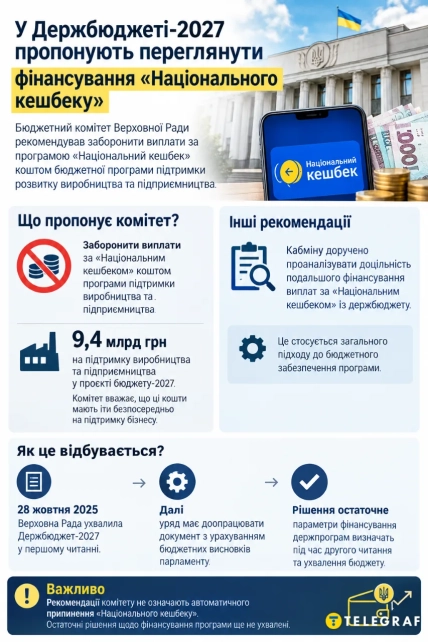 Інфографіка про рекомендації бюджетного комітету щодо фінансування "Національного кешбеку"