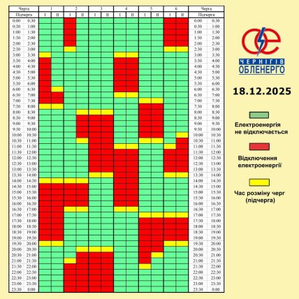 График отключения света в Чернигове и области 18.12.2025