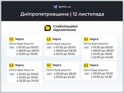 Відключення у Дніпропетровській області 12 листопада