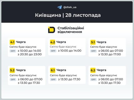 Графіки відключень у Київській області 28 листопада