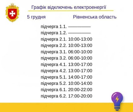 Графики отключений в Ровенской области 5 декабря