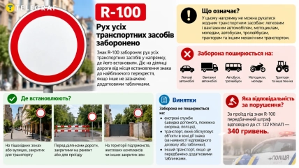 Знак R-100 запрещает движение всех транспортных средств в направлении, где он установлен