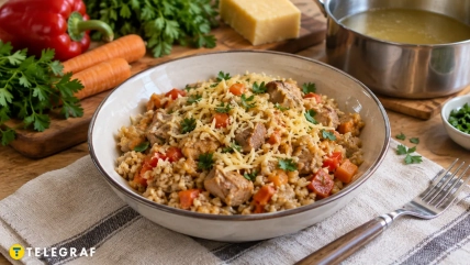 Миска пшеничной каши с мясом, овощами и тёртым сыром, рядом кастрюля с бульоном
