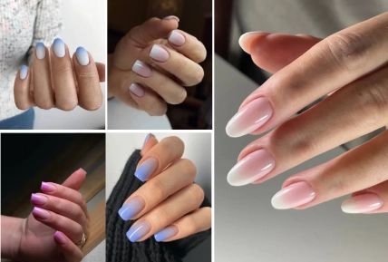Коллаж из рук с короткими и длинными ногтями, покрытыми белым, голубым, розовым и фиолетовым лаком