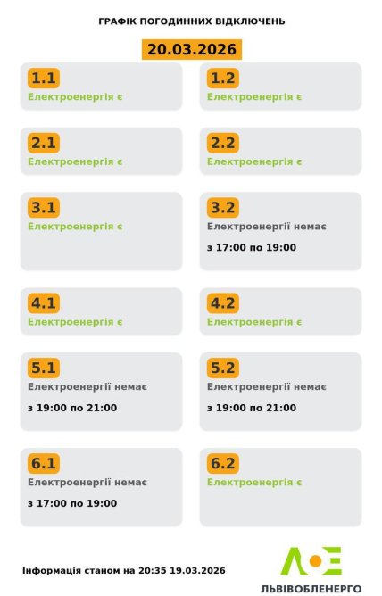 Графіки відключень у Львівській області 20 березня