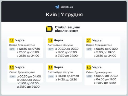 Графики отключений в Киеве 7 декабря