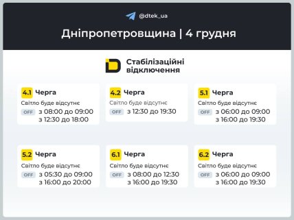 График отключений в Днепропетровской области 4 декабря