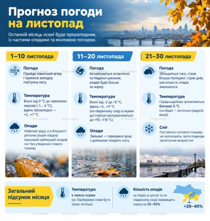 Инфографика с прогнозом погоды на ноябрь, фотографиями осенней листвы и городского пейзажа у реки