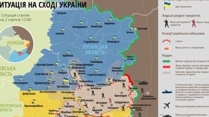 Карта ситуации на Востоке Украины по состоянию на 2 августа