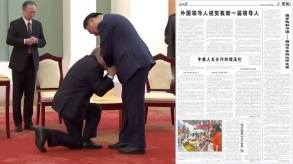 Ліворуч - путін цілує руку Сі Цзіньпіну (фото згенерувала нейромережа)
