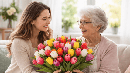 Девушка дарит цветы бабушке