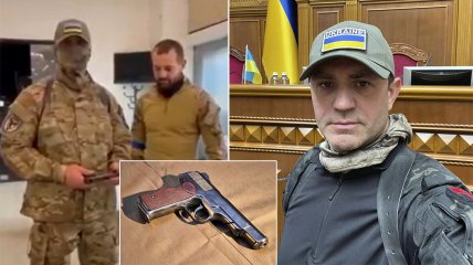 Николай Тищенко в балаклаве получает наградное оружие