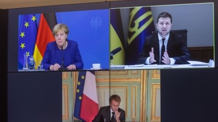 Кадр з відео конференції Німеччини, України та Франції.