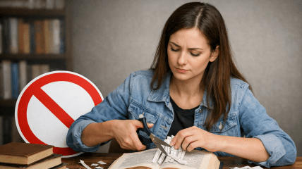 Дівчина ріже сторінки книги