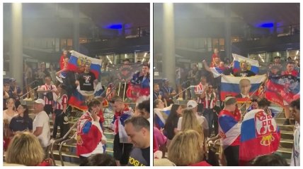 В Австралии сербы развернули флаг с изображением кровавого диктатора владимира путина