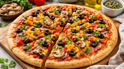 Постная пицца с грибами, перцем и кукурузой