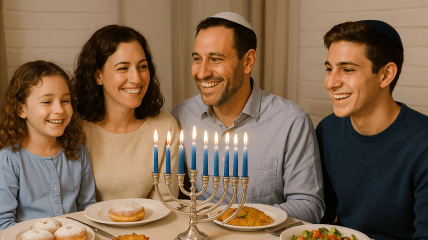 Еврейская семья празднует Хануку
