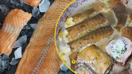 Рулетики из обрези красной рыбы с брокколи и сыром