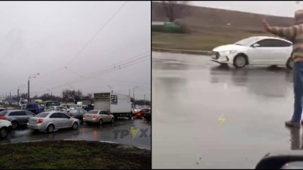 В Харькове водитель самостоятельно "разрулил" пробку на сложном перекрестке (видео)