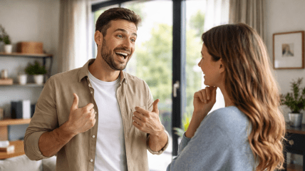 Чоловік розповідає щось жінці