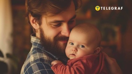 Чоловік тримає на руках свою маленьку дитину. У його очах любов і щастя (фото створене з допомогою ШІ)