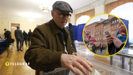 Мужчина на избирательном участке, женщина со смартфоном