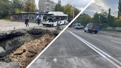 Одне і те саме місце в Дніпрі після обстрілу і через день