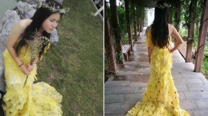 Китайская студентка создала удивительное платье из листьев (Фото)