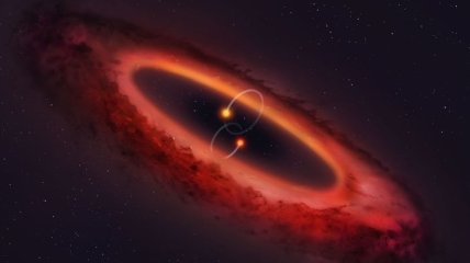 У двойной звезды обнаружили развернутый боком протопланетный диск