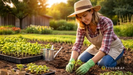 Женщина сажает рассаду