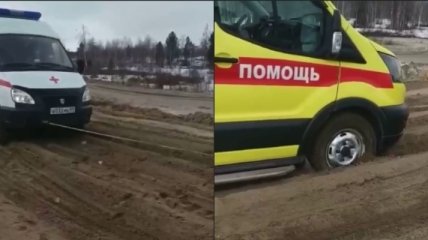 "Благоприятная среда для жизни": в России скорые увязли в грязи, пытаясь добраться к пациенту (фото, видео)