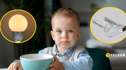 Ребенок за столом, лампочка и фольга