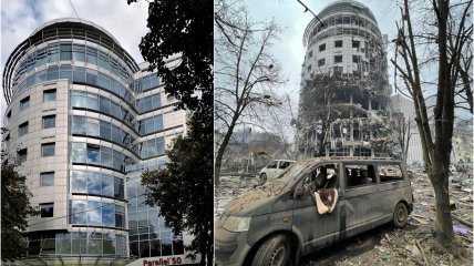 БЦ "Параллель" на перетині вулиць Свободи та Мироносицької до та після обстрілу