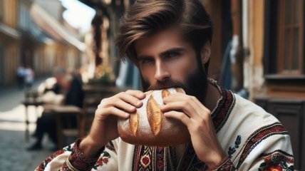 Украинец ест хлеб