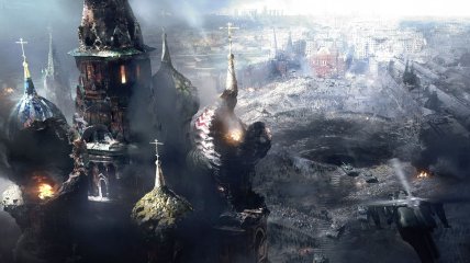 Разрушенная Красная площадь и Московский кремль. Иллюстрация